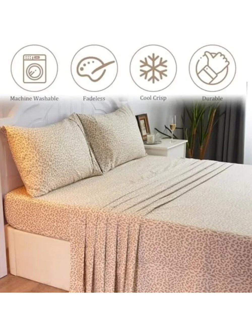 Leopard Print Queen Sheets Set, Soft Microfiber Cheetah Bedding, Beige Color